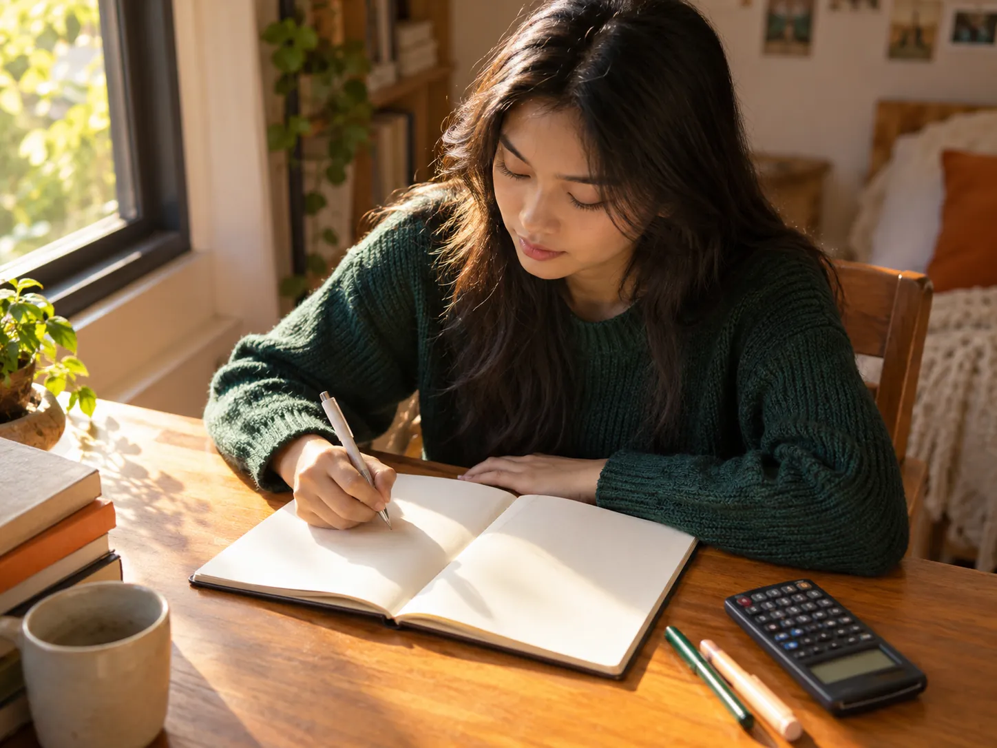A student writing notes in a notebook at her desk