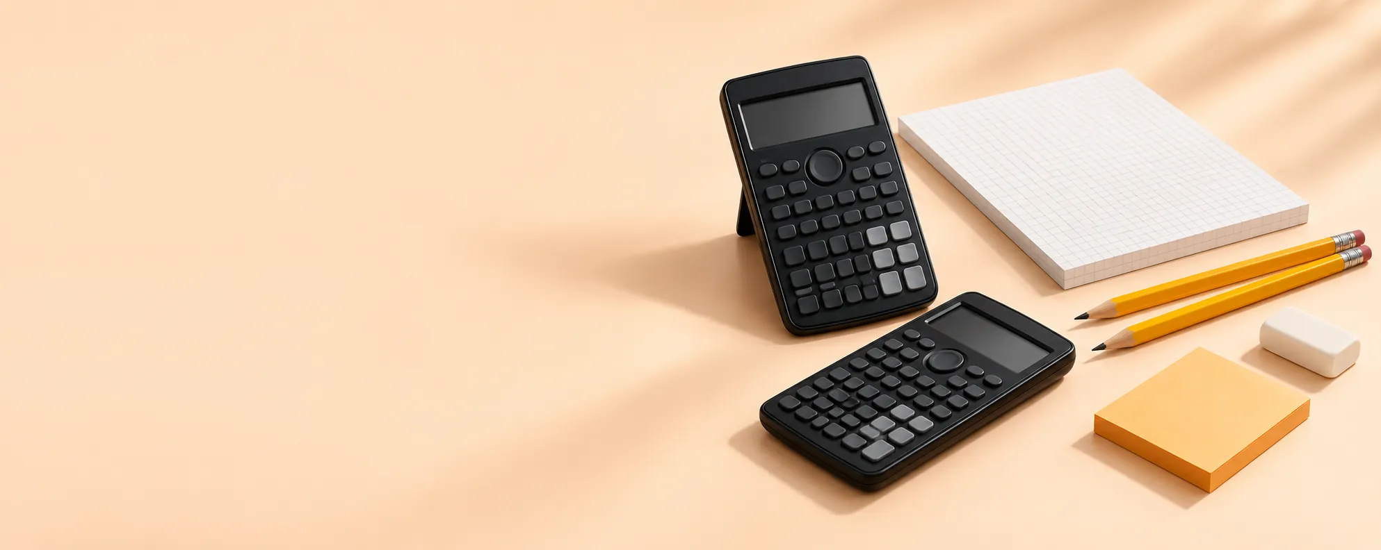 Two scientific calculators, a grid notepad and pencils on a peach desk